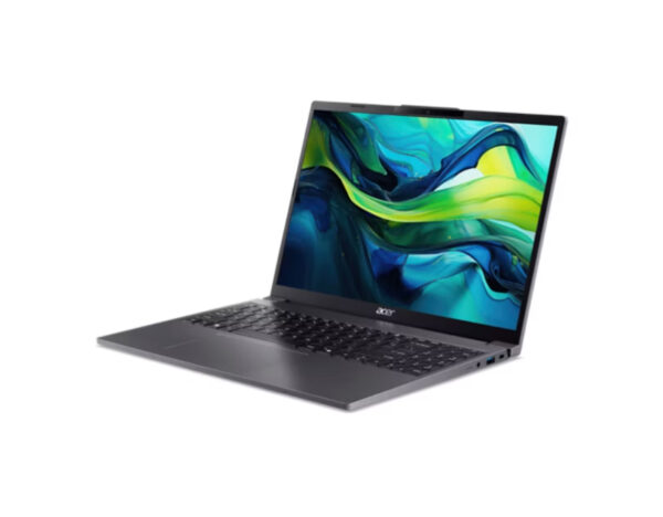Front-right angled view of the Aspire Go 15-inch everyday laptop highlighting its slim design and screen.