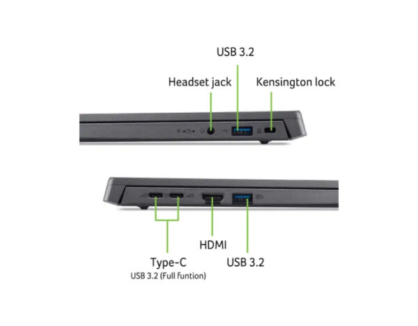 Close-up view of both left and right side ports of the Aspire Go 15-inch laptop with port labels visible.