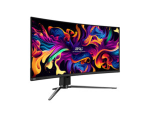 Front-left angled view of the MSI MPG 341CQPX QD-OLED 34-inch gaming monitor highlighting the immersive display curve and design.