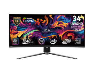 Front view of the MSI MPG 341CQPX QD-OLED 34-inch gaming monitor with on-screen overlay highlighting key specifications and features.