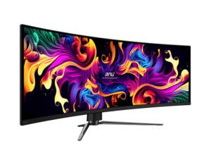Front-left angled view of the MSI MPG 491CQPX QD-OLED 49-inch curved gaming monitor highlighting the immersive curve and thin bezels.