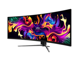 Front-right angled view of the MSI MPG 491CQPX QD-OLED 49-inch curved gaming monitor showing the ultra-wide display.