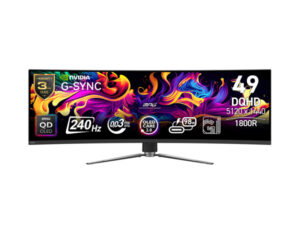 Front view of the MSI MPG 491CQPX QD-OLED 49-inch curved gaming monitor with on-screen specification overlay.