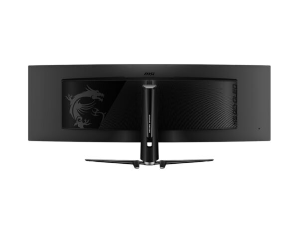 Rear view of the MSI MPG 491CQPX QD-OLED 49-inch gaming monitor showcasing the RGB lighting, back panel, and stand.