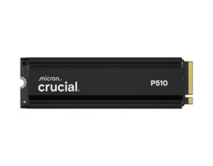 Top-down flat view of the Crucial P510 1TB PCIe Gen5 NVMe 2280 M.2 SSD with heatsink, showcasing its enhanced thermal solution and compact design.