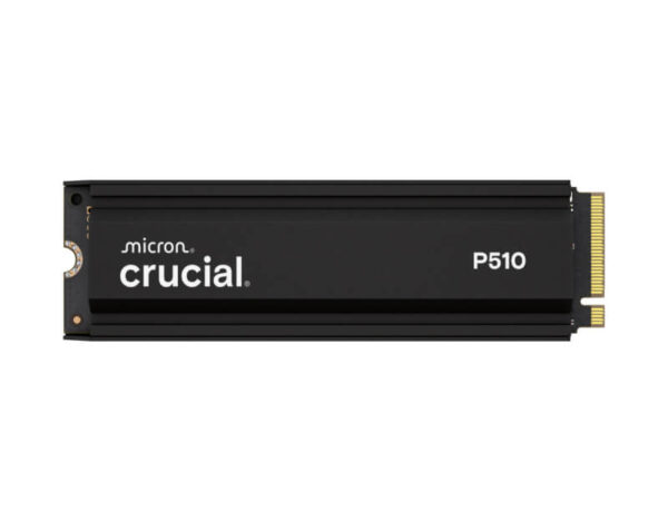 Top-down flat view of the Crucial P510 1TB PCIe Gen5 NVMe 2280 M.2 SSD with heatsink, showcasing its enhanced thermal solution and compact design.