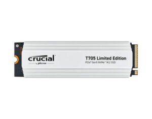 Top-down flat view of the Crucial T705 2TB PCIe Gen5 NVMe M.2 SSD Limited Edition with white heatsink, highlighting its premium thermal design and sleek finish.