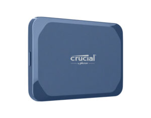 Angled side view of the Crucial X10 2TB portable SSD highlighting its slim, portable design and USB-C interface.