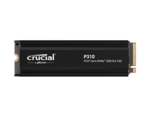 Top-down flat view of the Crucial P310 4TB PCIe Gen4 NVMe 2280 M.2 SSD with heatsink, highlighting the thermal design and compact form factor.