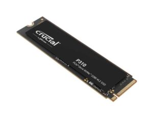 Front angled view of the Crucial P310 4TB PCIe Gen4 NVMe 2280 M.2 SSD highlighting the branding and gold connector edge.
