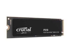 Left side angled view of the Crucial P310 4TB PCIe Gen4 NVMe 2280 M.2 SSD showcasing its slim M.2 form factor.