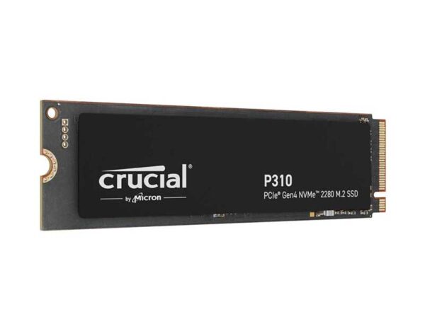 Left side angled view of the Crucial P310 4TB PCIe Gen4 NVMe 2280 M.2 SSD showcasing its slim M.2 form factor.