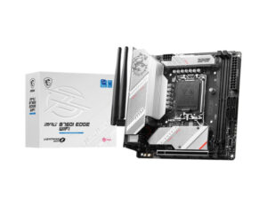 MSI MPG B760I Edge WiFi motherboard front angle view with box, mini-ITX Intel B760 chipset board with WiFi connectivity