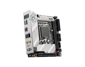 MSI MPG B760I Edge WiFi motherboard front left angle view, compact mini-ITX Intel B760 board with DDR5 memory support
