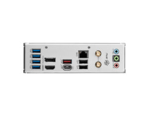 MSI MPG B760I Edge WiFi motherboard rear I/O ports view, showcasing USB, HDMI, DisplayPort, and WiFi antenna connectors