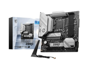 MSI B760M Project Zero motherboard front angle view with retail box, micro-ATX Intel board featuring B760 chipset