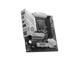 MSI B760M Project Zero motherboard front left angle view, compact micro-ATX board with Intel B760 chipset for performance