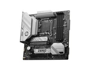 MSI B760M Project Zero motherboard front right angle view, micro-ATX Intel B760 chipset board with DDR5 and PCIe support