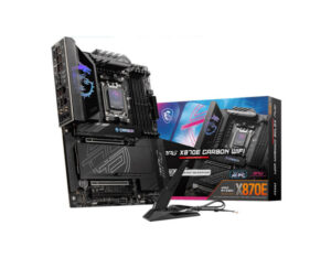 MSI MPG X870E Carbon WiFi AM5 ATX DDR5 motherboard front angle view with box, AMD board featuring PCIe Gen 5 and WiFi