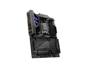 MSI MPG X870E Carbon WiFi AM5 ATX DDR5 motherboard front left angle view, AMD Ryzen-ready board with DDR5 memory support