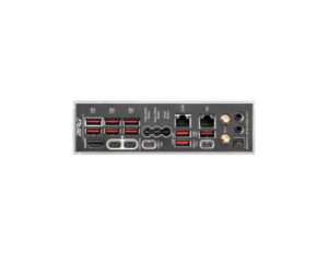 MSI MPG X870E Carbon WiFi AM5 ATX DDR5 motherboard rear I/O ports view, showing USB, HDMI, DisplayPort, Ethernet, and WiFi