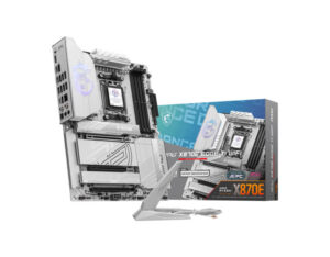 MSI MPG X870E Edge Ti WiFi AM5 ATX DDR5 gaming motherboard front angle view with box, AMD board featuring PCIe Gen 5