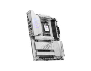 MSI MPG X870E Edge Ti WiFi AM5 ATX DDR5 gaming motherboard front left angle view, AMD Ryzen board with DDR5 memory slots