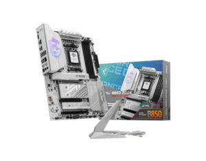 MSI MPG B850 Edge Ti WiFi AM5 ATX DDR5 gaming motherboard front angle view with box, AMD board featuring PCIe Gen 5 and WiFi