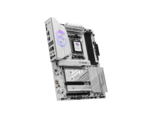 MSI MPG B850 Edge Ti WiFi AM5 ATX DDR5 gaming motherboard front left angle view, AMD Ryzen-ready design with DDR5 support