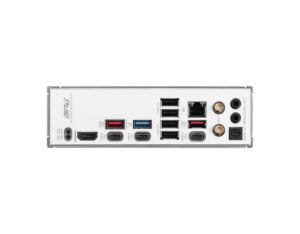 MSI MPG B850 Edge Ti WiFi AM5 ATX DDR5 gaming motherboard rear I/O ports view, showing USB, HDMI, DisplayPort, and WiFi antennas