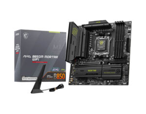 MSI MAG B850M Mortar WiFi AM5 m-ATX DDR5 gaming motherboard front angle view with box, AMD board featuring PCIe Gen 5 and WiFi