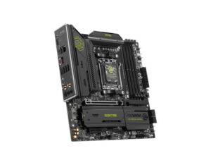 MSI MAG B850M Mortar WiFi AM5 m-ATX DDR5 gaming motherboard front left angle view, AMD Ryzen-ready board with WiFi support
