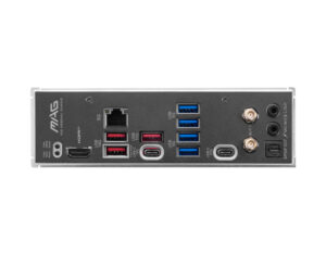 MSI MAG B850M Mortar WiFi AM5 m-ATX DDR5 gaming motherboard rear I/O ports view, showing USB, HDMI, Ethernet, and WiFi antennas