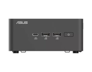 ASUS NUC 15 Pro Tall C5-210H Intel Graphics Wi-Fi 7 mini PC close-up of front ports showing USB, audio jack and power button.