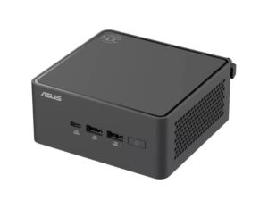 ASUS NUC 15 Pro Tall C5-210H Intel Graphics Wi-Fi 7 mini PC high-angle front right view highlighting slim desktop footprint.