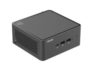 ASUS NUC 15 Pro Tall U7-255H Intel Arc GPU Wi-Fi 7 mini PC high angle front left view with vented side panel and NUC logo on the top lid.