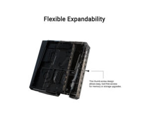ASUS NUC 15 Performance U7-255HX RTX5060 flexible expandability view, open chassis showing thumb-screw access for memory and SSD.