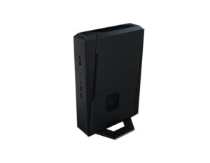 ASUS NUC 15 Performance U7-255HX RTX5060 high-angle front right view on stand, slim 3L mini PC for space-saving setups.