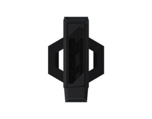 ASUS NUC 15 Performance U7-255HX RTX5060 top view on vertical stand, narrow footprint small form factor desktop system.