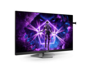 AOC AG276FK 27 Inch FHD Fast IPS 520Hz 0.3ms gaming monitor front left angle low height view on stand.