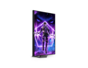 AOC AG276FK 27 Inch FHD Fast IPS 520Hz 0.3ms gaming monitor vertical pivot left angle view on stand.
