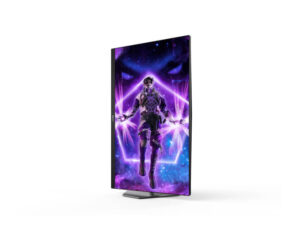 AOC AG276FK 27 Inch FHD Fast IPS 520Hz 0.3ms gaming monitor vertical pivot right angle view on stand.