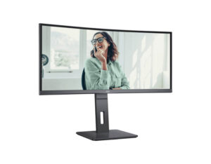 AOC CU34P3CV 34 Inch WQHD curved VA 100Hz USB-C 65W monitor front left angle view showing curved ultrawide screen.