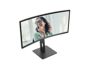 AOC CU34P3CV 34 Inch WQHD curved VA 100Hz USB-C 65W monitor front left high angle view showing screen curve.