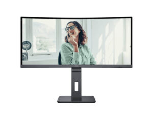 AOC CU34P3CV 34 Inch WQHD curved VA 100Hz USB-C 65W monitor front view on stand for work and multitasking.