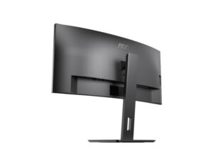 AOC CU34P3CV 34 Inch WQHD curved VA 100Hz USB-C 65W monitor rear left low angle view showing stand and back design.