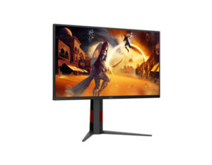 AOC Q25G4S 25 Inch QHD Fast IPS 320Hz gaming monitor front left angle view showing slim bezels and stand design.