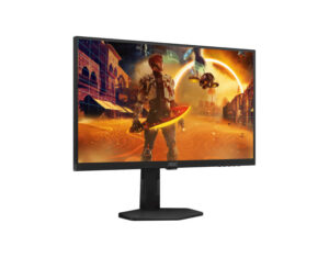 AOC Q27G4XY 27 Inch QHD 180Hz Fast VA Google Smart Gaming Monitor front left angle view showing screen and stand design.