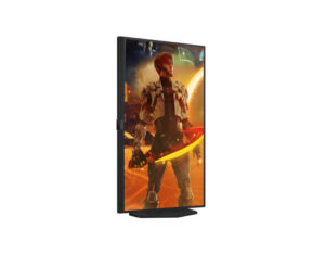 AOC Q27G4XY 27 Inch QHD 180Hz Fast VA Google Smart Gaming Monitor vertical pivot front left view on adjustable stand.