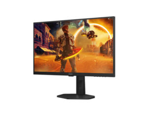 AOC Q27G4XY 27 Inch QHD 180Hz Fast VA Google Smart Gaming Monitor front right angle view with slim bezels and stand.